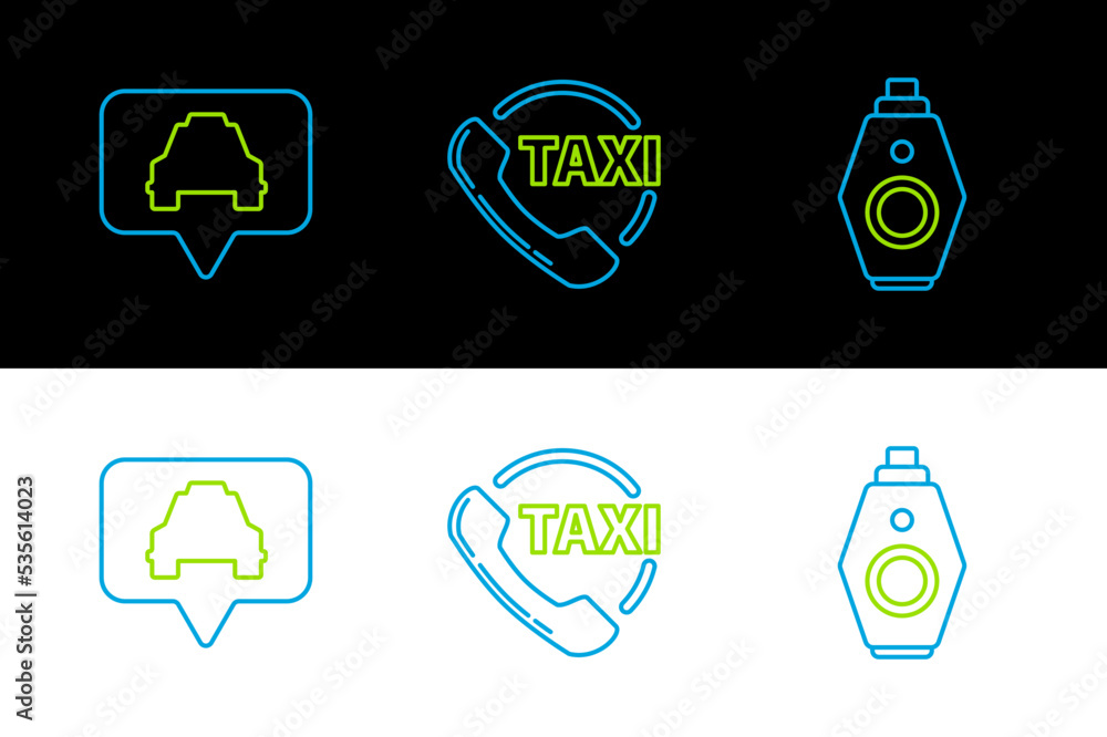 Poster set line car key with remote, map pointer taxi and taxi call telephone service icon. vector