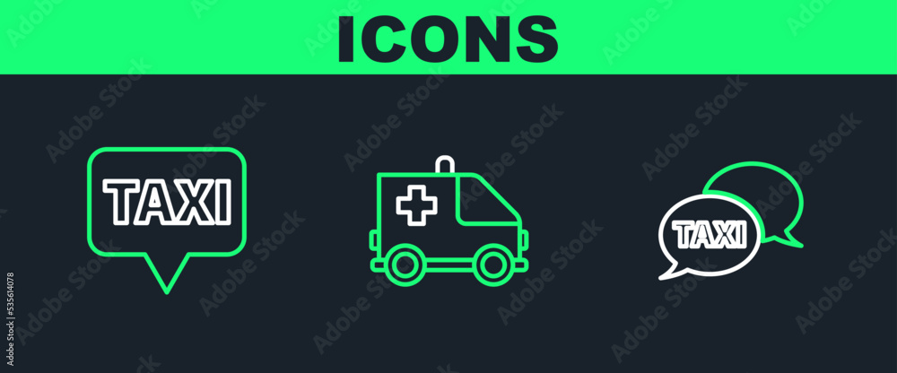 Poster set line taxi call telephone service, map pointer with taxi and ambulance and emergency car icon. ve