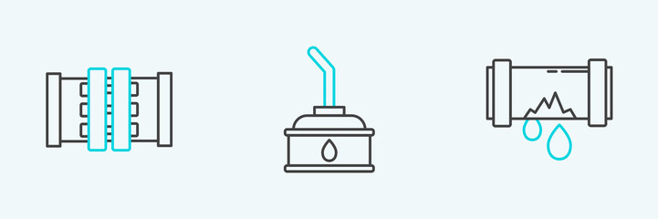 Fototapeta premium Set line Broken metal pipe with leaking water, Industry metallic pipes and valve and Canister for motor machine oil icon. Vector