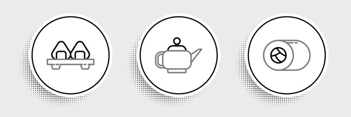 Set line Sushi, on cutting board and Japanese tea ceremony icon. Vector