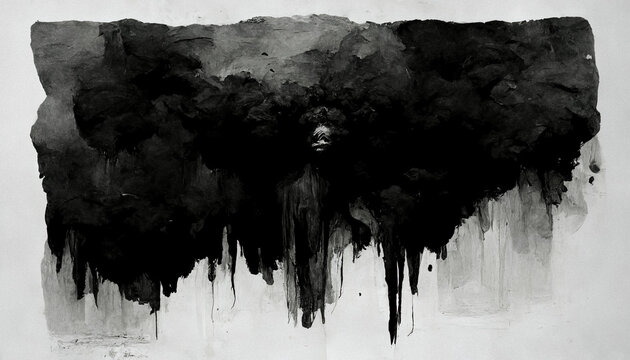 Black and white abstract water color painting hanging on the wall Large abstract image of black ink dripping down and a human woman figure silhouette creepy face coming out of the smoke