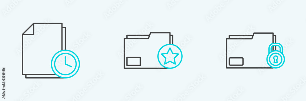 Poster set line folder and lock, document with clock and folder star icon. vector