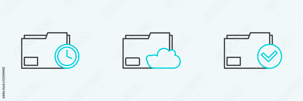 Poster set line document folder and check mark, with clock and cloud storage text document icon. vector