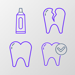 Set line Tooth whitening concept, Broken tooth and Tube of toothpaste icon. Vector
