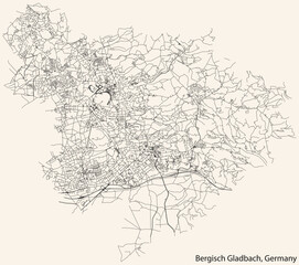 Fototapeta na wymiar Detailed navigation black lines urban street roads map of the German regional capital city of BERGISCH GLADBACH, GERMANY on vintage beige background