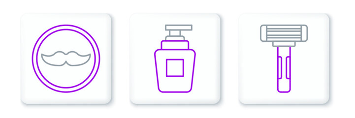 Set line Shaving razor, Mustache and Bottle of shampoo icon. Vector