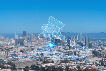 Panoramic view of San Francisco skyline, daytime from hill side. Financial District, residential neighborhoods. Glowing hologram legal icons. The concept of law, order, regulations and digital justice