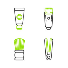 Set line Curling iron for hair, Shaving brush, Electrical clipper shaver and Cream lotion cosmetic tube icon. Vector