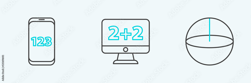 Poster set line geometric figure sphere, mobile calculator interface and equation solution icon. vector