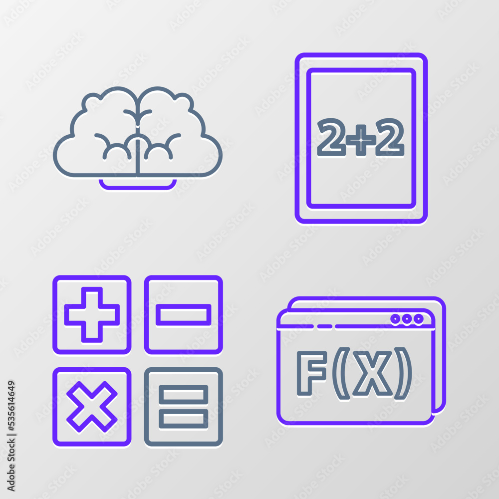 Poster set line function mathematical symbol, calculator, tablet with calculator and human brain icon. vect