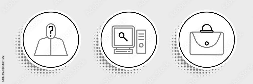 Poster set line briefcase, anonymous with question mark and search computer screen icon. vector