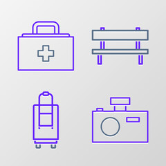Set line Photo camera, Suitcase, Bench and First aid kit icon. Vector