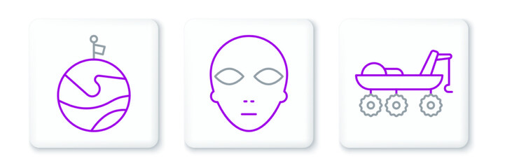 Set line Mars rover, Moon with flag and Alien icon. Vector