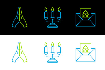 Set line Greeting card with Happy Easter, Hands praying position and Candelabrum candlesticks icon. Vector