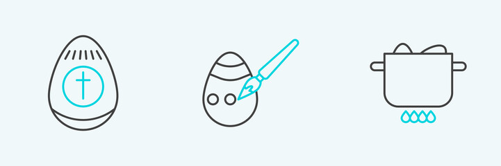 Set line Egg in hot pot, Easter egg and and paint brush icon. Vector