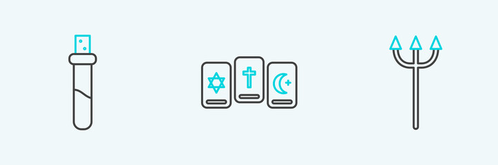 Fototapeta premium Set line Neptune Trident, Bottle with love potion and Three tarot cards icon. Vector