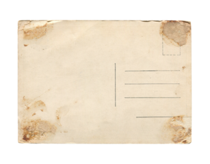 old vintage aged empty paper postcard texture with faded stamp print and brown stains isolated on white