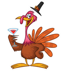 Cartoon happy cute thanksgiving turkey bird drinking wine after meal. Design for Thanksgiving Day. Vector illustration - obrazy, fototapety, plakaty