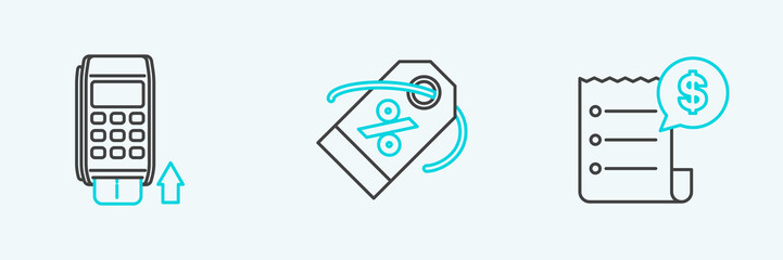 Set line Paper check and financial check, Pos terminal with inserted credit card and Discount percent tag icon. Vector