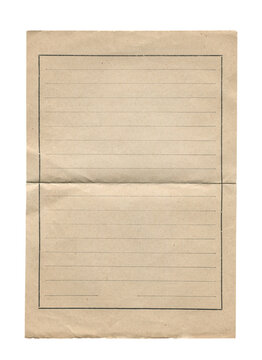 old vintage aged brown page paper with notebook writing lines isolated on white