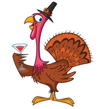 Cartoon happy cute thanksgiving turkey bird drinking wine after meal. Design for Thanksgiving Day. Vector illustration
