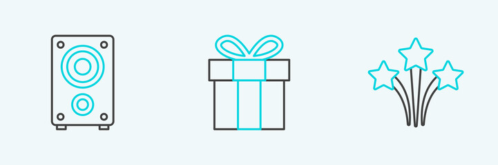 Set line Firework, Stereo speaker and Gift box icon. Vector