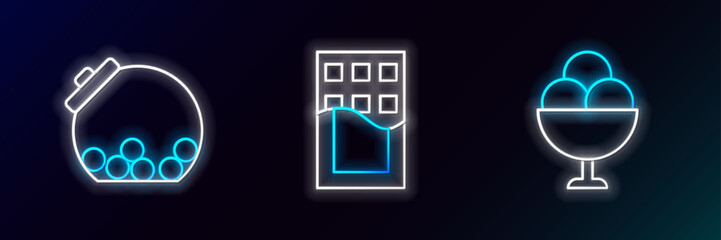 Set line Ice cream in bowl, Glass jar with candies inside and Chocolate bar icon. Glowing neon. Vector