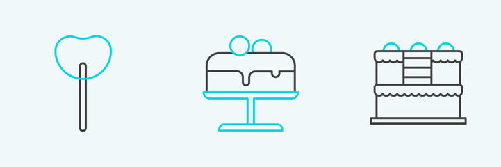 Set line Cake, Lollipop and on plate icon. Vector