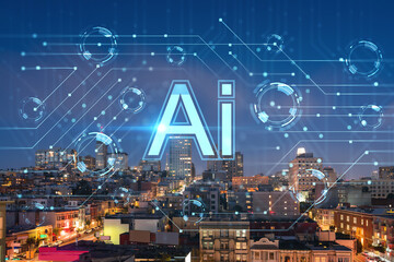 Roof top panoramic city view of San Francisco at night time, midtown skyline, California, United States. Artificial Intelligence concept, hologram. AI, machine learning, neural network, robotics