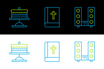 Set line Home stereo with two speakers, Cake on plate and Holy bible book icon. Vector