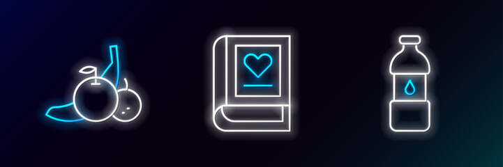 Set line Bottle of water, Fruit and Medical book icon. Glowing neon. Vector