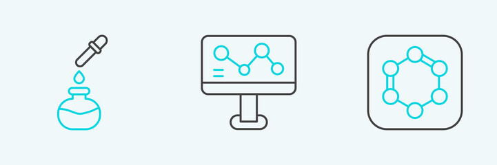 Set line Formula of benzene rings, Test tube and flask and Chemical formula icon. Vector