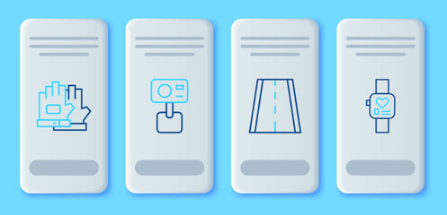 Set line Action extreme camera, Bicycle lane, Gloves and Smart watch icon. Vector