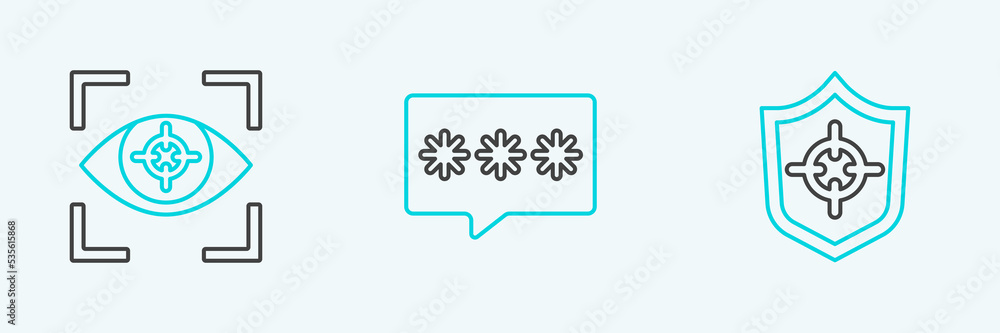 Poster set line shield, eye scan and password protection icon. vector