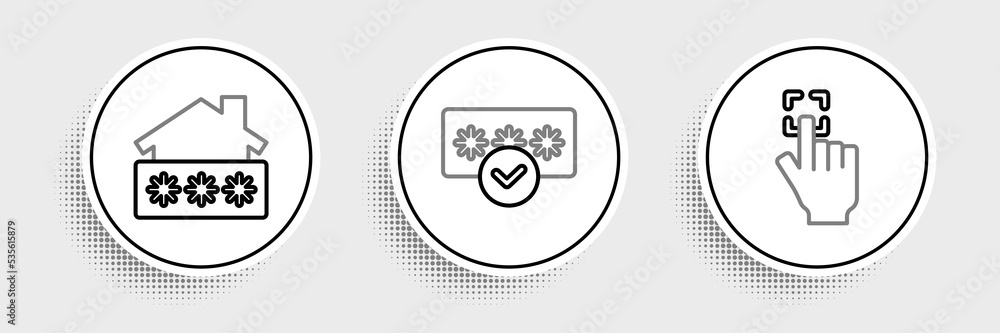 Poster set line fingerprint, house with password and password protection icon. vector