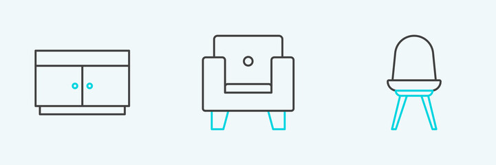 Set line Chair, Chest of drawers and Armchair icon. Vector