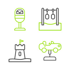 Set line Swing car, Sand tower, Gymnastic rings and Trash can icon. Vector