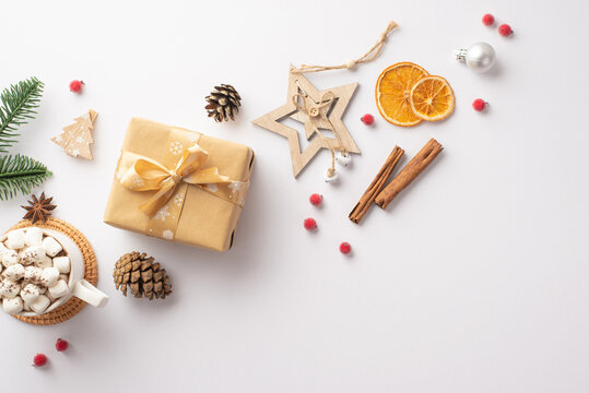 Top view photo of christmas decorations wood star ornaments cup of drinking with marshmallow pine cones branch craft paper giftbox mistletoe cinnamon and dried citrus slices isolated white background