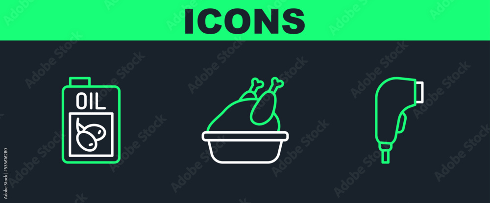 Sticker set line scanner scanning bar code, bottle of olive oil and roasted turkey or chicken icon. vector