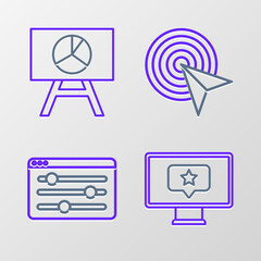 Set line Monitor with star, Browser setting, Advertising and Board graph chart icon. Vector