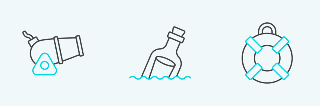 Set line Lifebuoy, Cannon and Bottle with message in water icon. Vector