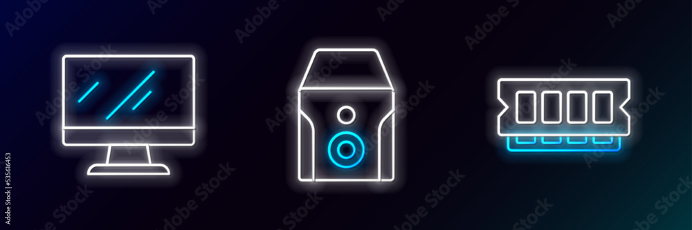 Poster set line ram, random access memory, computer monitor screen and uninterruptible power supply icon. g