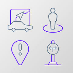 Set line Fork in the road, Location with exclamation mark, person and City map navigation icon. Vector