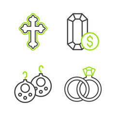 Set line Wedding rings, Earrings, Jewelry online shopping and Christian cross icon. Vector