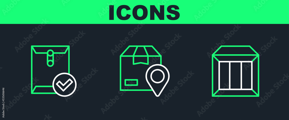 Poster set line carton cardboard box, envelope and check mark and location with icon. vector