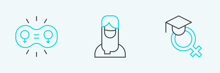 Set line Teacher, Gender equality and Muslim woman in hijab icon. Vector