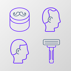 Set line Shaving razor, Hairstyle for men, Baldness and Gel wax hair styling icon. Vector