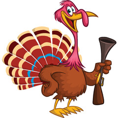 Cartoon happy cute thanksgiving turkey bird holding a gun.  Vector illustration isolated. Design for Thanksgiving Day