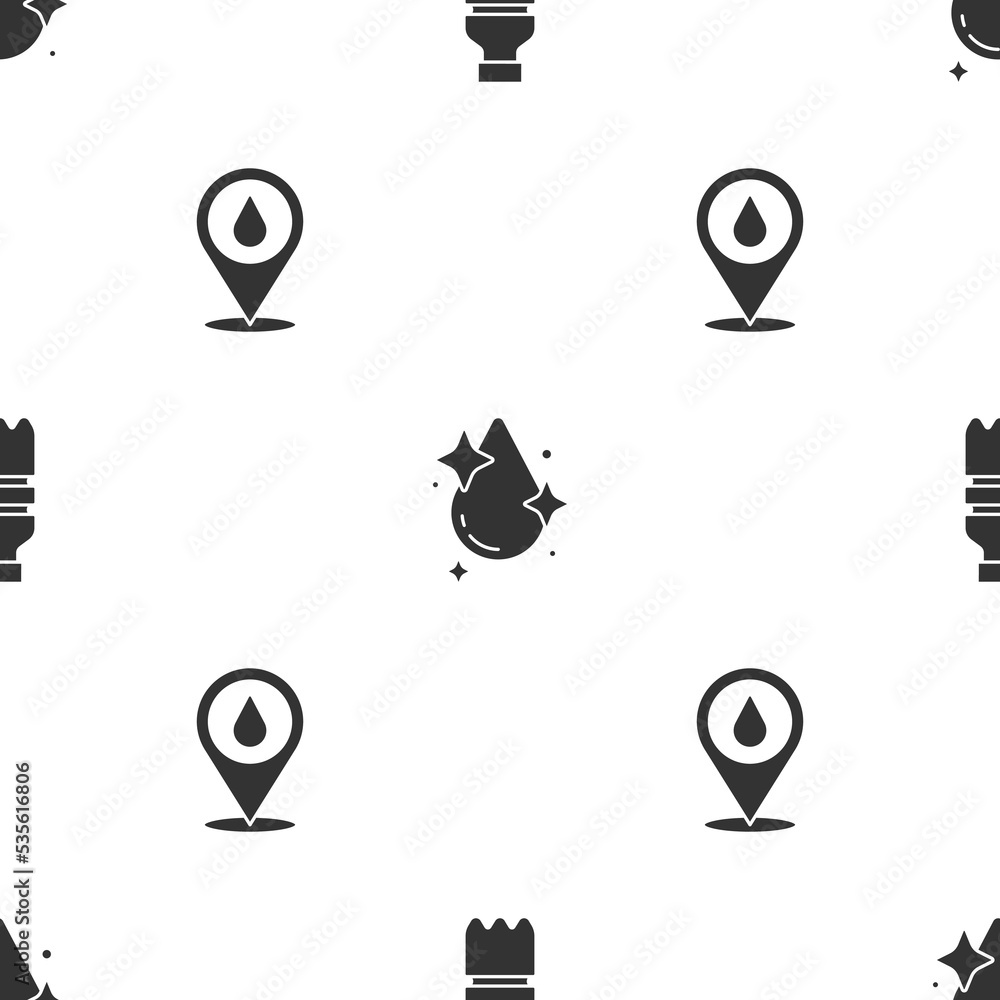 Poster set bottle of water, water drop and with location on seamless pattern. vector