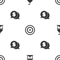 Set White House, American star shield and Coin money with dollar on seamless pattern. Vector